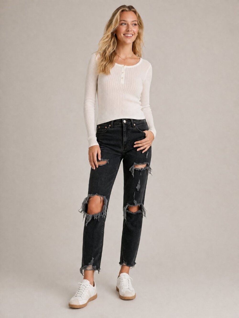 2/$30 Topshop High Rise Straight Leg Extreme-rip Washed Black W26 #9325